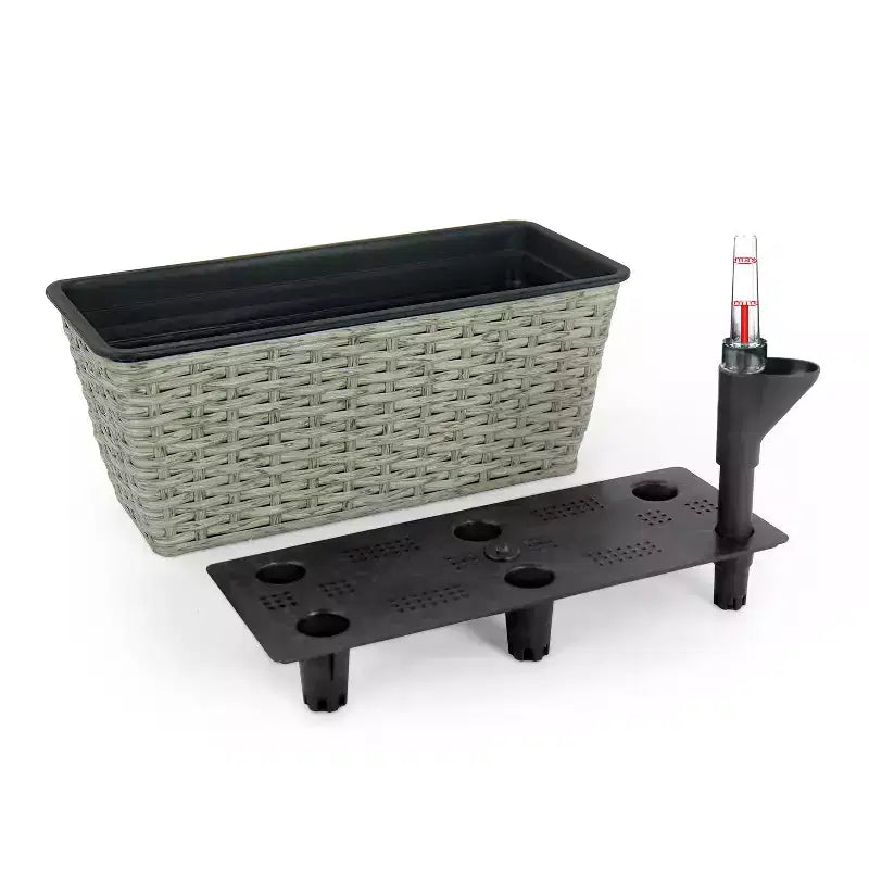 2-Pack Gray Wicker Rectangle Self-Watering Planter Pot for Indoor Outdoor Use, Flower Pot with Reservoir, Drainage and Weather-Ready Design