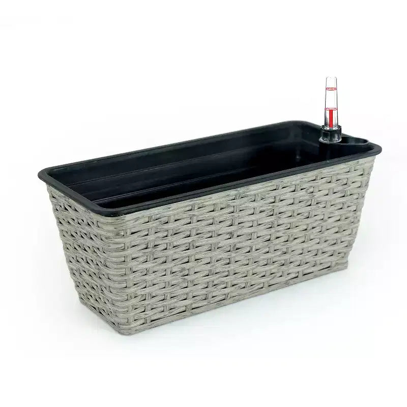 2-Pack Gray Wicker Rectangle Self-Watering Planter Pot for Indoor Outdoor Use, Flower Pot with Reservoir, Drainage and Weather-Ready Design