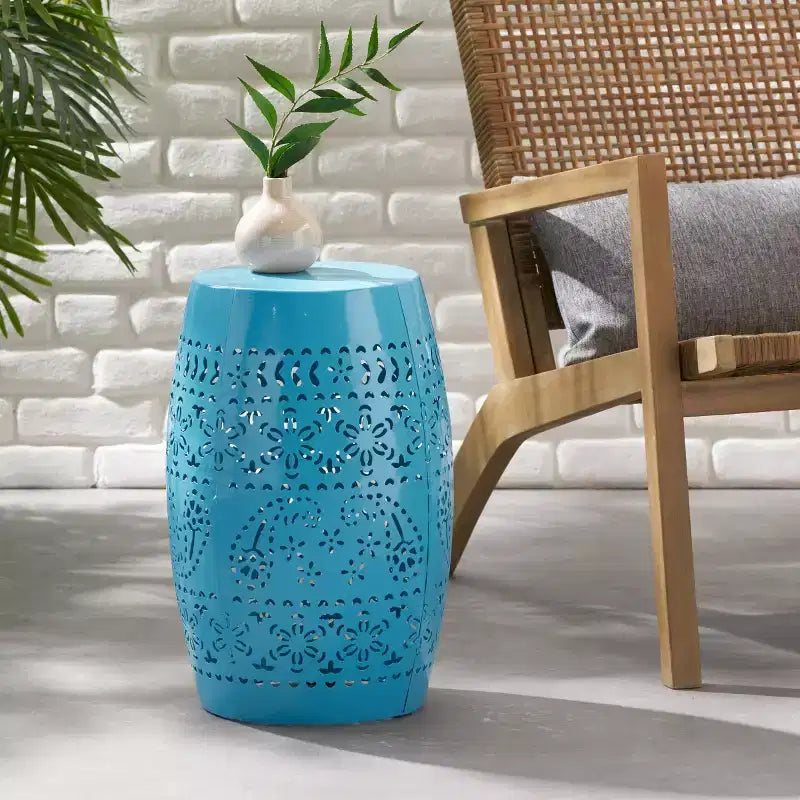 Outdoor & Indoor Metal End Table with Lace Cut Design, Barrel Accent Table for Patio, Garden, and Living Room, No Assembly Needed-Panipeachy