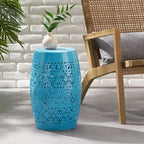 Outdoor & Indoor Metal End Table with Lace Cut Design, Barrel Accent Table for Patio, Garden, and Living Room, No Assembly Needed-Panipeachy