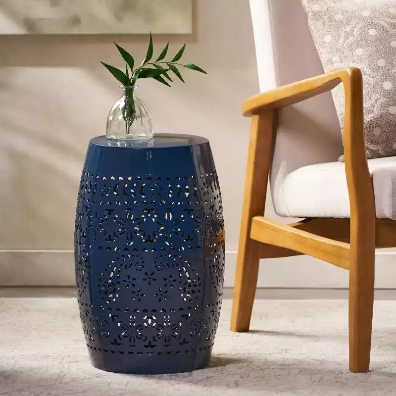 Outdoor & Indoor Metal End Table with Lace Cut Design, Barrel Accent Table for Patio, Garden, and Living Room, No Assembly Needed-Panipeachy