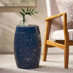 Outdoor & Indoor Metal End Table with Lace Cut Design, Barrel Accent Table for Patio, Garden, and Living Room, No Assembly Needed-Panipeachy