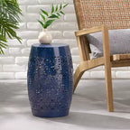 Outdoor & Indoor Metal End Table with Lace Cut Design, Barrel Accent Table for Patio, Garden, and Living Room, No Assembly Needed-Panipeachy