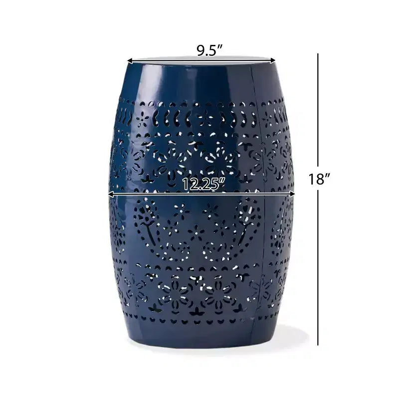 Outdoor & Indoor Metal End Table with Lace Cut Design, Barrel Accent Table for Patio, Garden, and Living Room, No Assembly Needed-Panipeachy