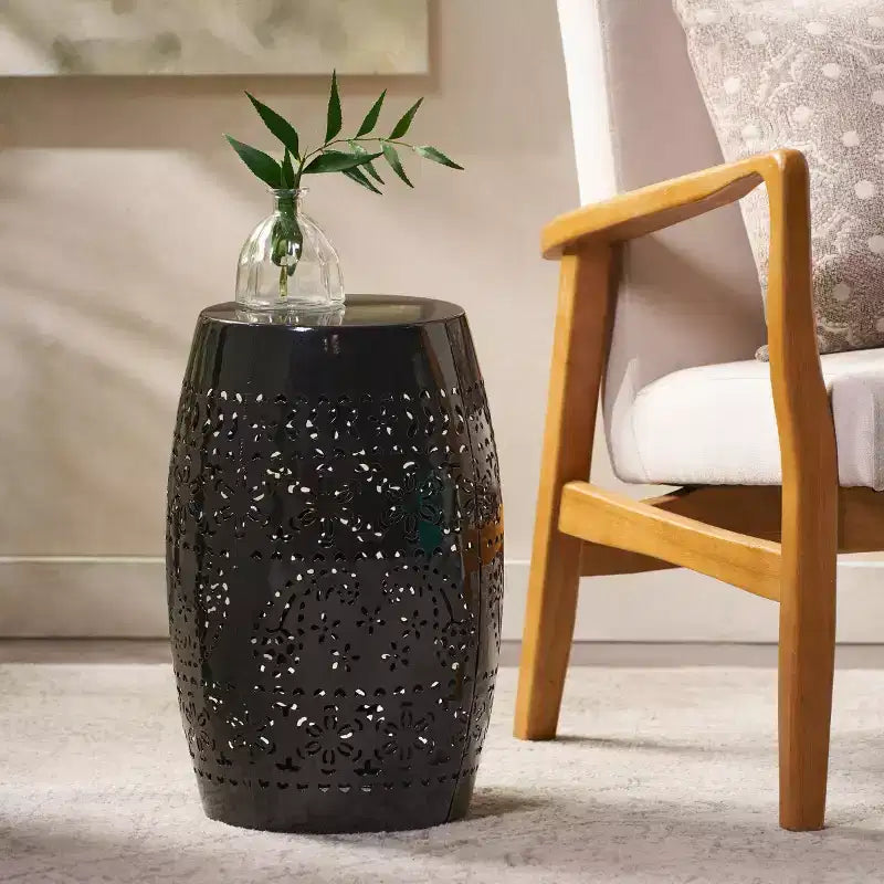 Outdoor & Indoor Metal End Table with Lace Cut Design, Barrel Accent Table for Patio, Garden, and Living Room, No Assembly Needed-Panipeachy
