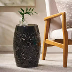 Outdoor & Indoor Metal End Table with Lace Cut Design, Barrel Accent Table for Patio, Garden, and Living Room, No Assembly Needed-Panipeachy