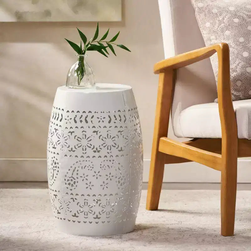 Outdoor & Indoor Metal End Table with Lace Cut Design, Barrel Accent Table for Patio, Garden, and Living Room, No Assembly Needed-Panipeachy