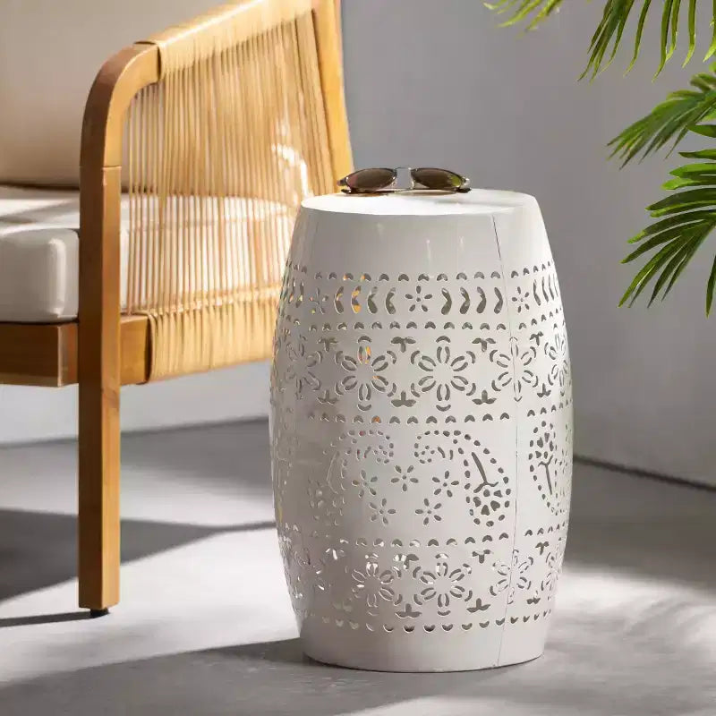 Outdoor & Indoor Metal End Table with Lace Cut Design, Barrel Accent Table for Patio, Garden, and Living Room, No Assembly Needed-Panipeachy