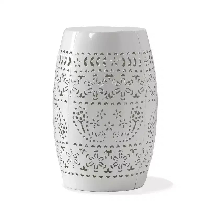 Outdoor & Indoor Metal End Table with Lace Cut Design, Barrel Accent Table for Patio, Garden, and Living Room, No Assembly Needed-Panipeachy