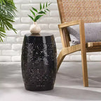 Outdoor & Indoor Metal End Table with Lace Cut Design, Barrel Accent Table for Patio, Garden, and Living Room, No Assembly Needed-Panipeachy