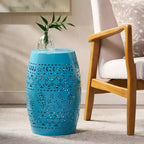 Outdoor & Indoor Metal End Table with Lace Cut Design, Barrel Accent Table for Patio, Garden, and Living Room, No Assembly Needed-Panipeachy