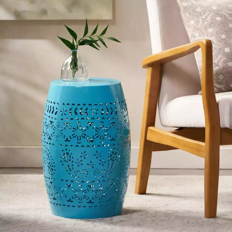 Outdoor & Indoor Metal End Table with Lace Cut Design, Barrel Accent Table for Patio, Garden, and Living Room, No Assembly Needed-Panipeachy
