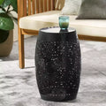 Outdoor & Indoor Metal End Table with Lace Cut Design, Barrel Accent Table for Patio, Garden, and Living Room, No Assembly Needed-Panipeachy
