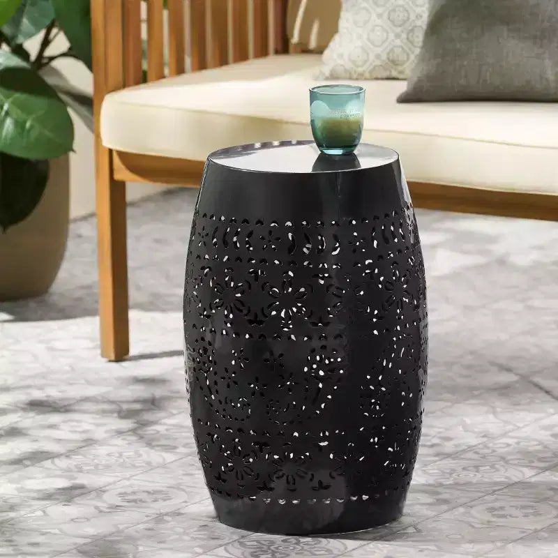 Outdoor & Indoor Metal End Table with Lace Cut Design, Barrel Accent Table for Patio, Garden, and Living Room, No Assembly Needed-Panipeachy
