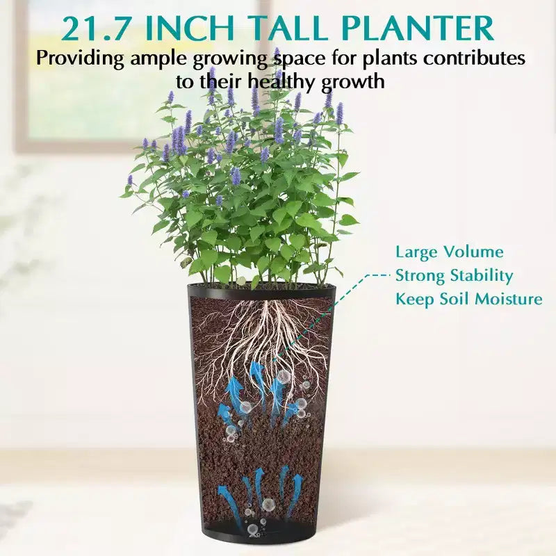 2-Pack Black Tall Square Planters for Outdoor Plants, Modern Tapered Flower Pots for Porch Patio Entryway and Indoor Decor