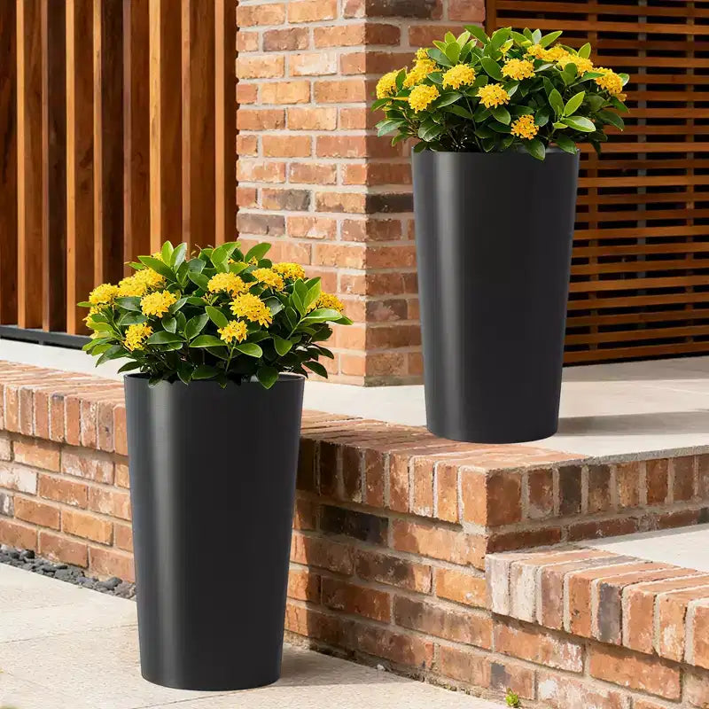 2-Pack Black Tall Square Planters for Outdoor Plants, Modern Tapered Flower Pots for Porch Patio Entryway and Indoor Decor