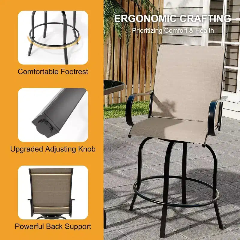 Counter Height Garden Bar Stools Set of 2, 360 Swivel Outdoor Patio Chairs with Armrests & High Back, Breathable Textilene Mesh Bar Seating for Deck