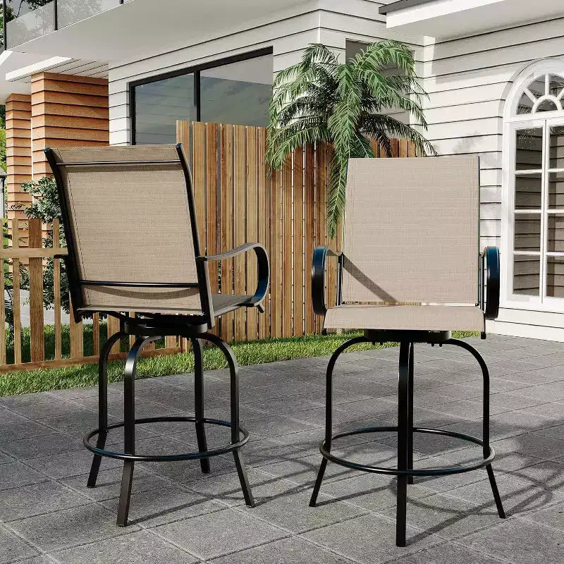 Counter Height Garden Bar Stools Set of 2, 360 Swivel Outdoor Patio Chairs with Armrests & High Back, Breathable Textilene Mesh Bar Seating for Deck