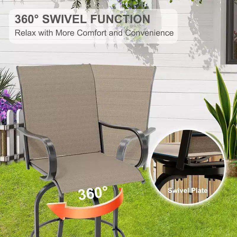 Counter Height Garden Bar Stools Set of 2, 360 Swivel Outdoor Patio Chairs with Armrests & High Back, Breathable Textilene Mesh Bar Seating for Deck