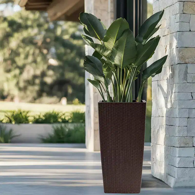 30 In Tall Brown Self-Watering Planter for Outdoor Indoor Use, Large Faux Rattan Flower Pot with Water Monitor and Inner Bucket