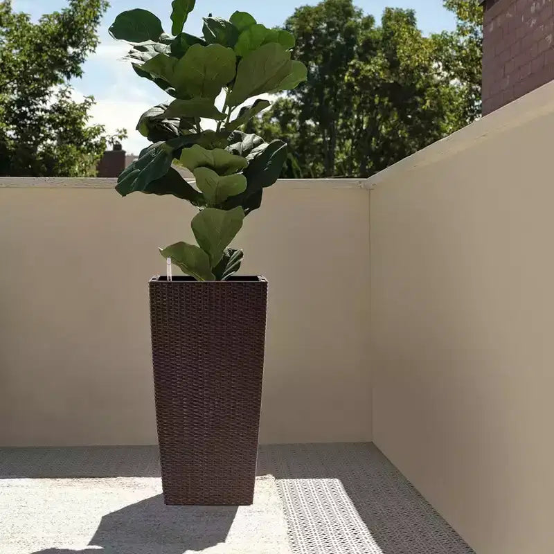 30 In Tall Brown Self-Watering Planter for Outdoor Indoor Use, Large Faux Rattan Flower Pot with Water Monitor and Inner Bucket