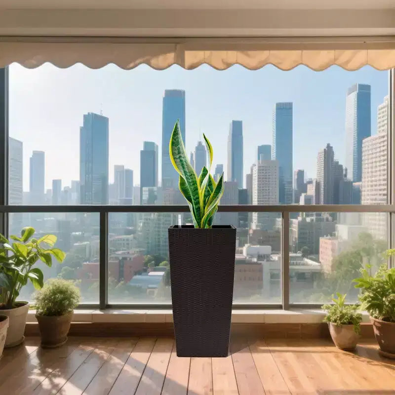 30 In Tall Brown Self-Watering Planter for Outdoor Indoor Use, Large Faux Rattan Flower Pot with Water Monitor and Inner Bucket