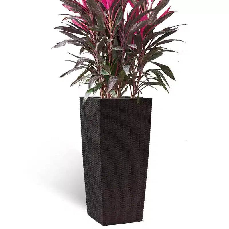 30 In Tall Brown Self-Watering Planter for Outdoor Indoor Use, Large Faux Rattan Flower Pot with Water Monitor and Inner Bucket