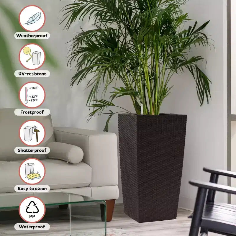 30 In Tall Brown Self-Watering Planter for Outdoor Indoor Use, Large Faux Rattan Flower Pot with Water Monitor and Inner Bucket