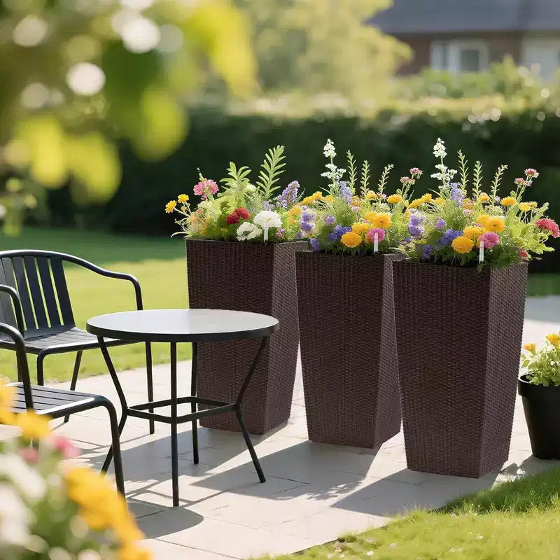 30 In Tall Brown Self-Watering Planter for Outdoor Indoor Use, Large Faux Rattan Flower Pot with Water Monitor and Inner Bucket