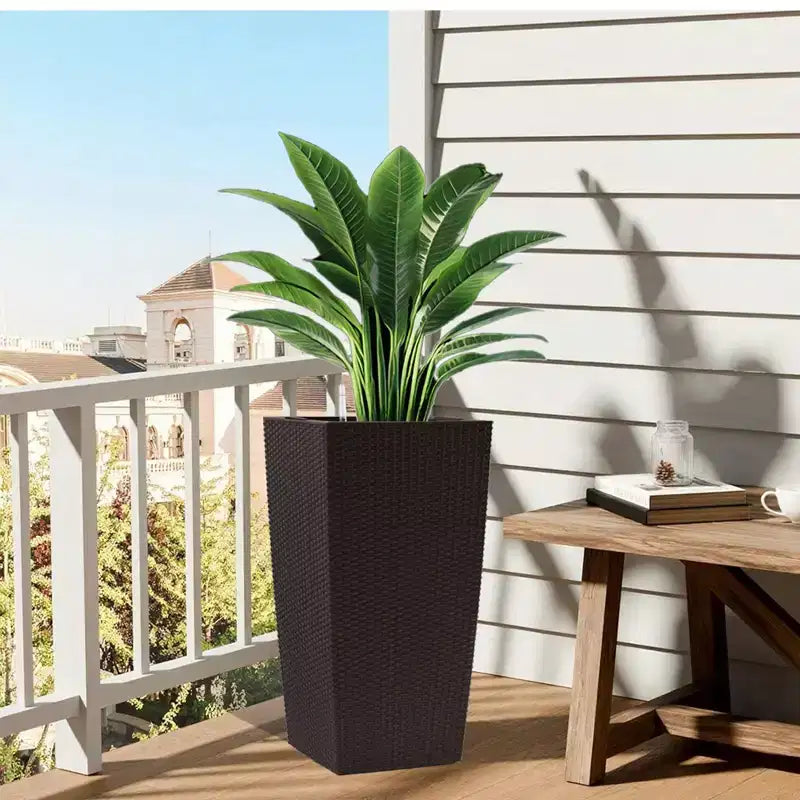 30 In Tall Brown Self-Watering Planter for Outdoor Indoor Use, Large Faux Rattan Flower Pot with Water Monitor and Inner Bucket