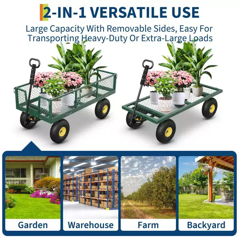 900LBS Heavy Duty Garden Cart - 10 Pneumatic Tires Utility Wagon with Removable Sides (1-Piece)