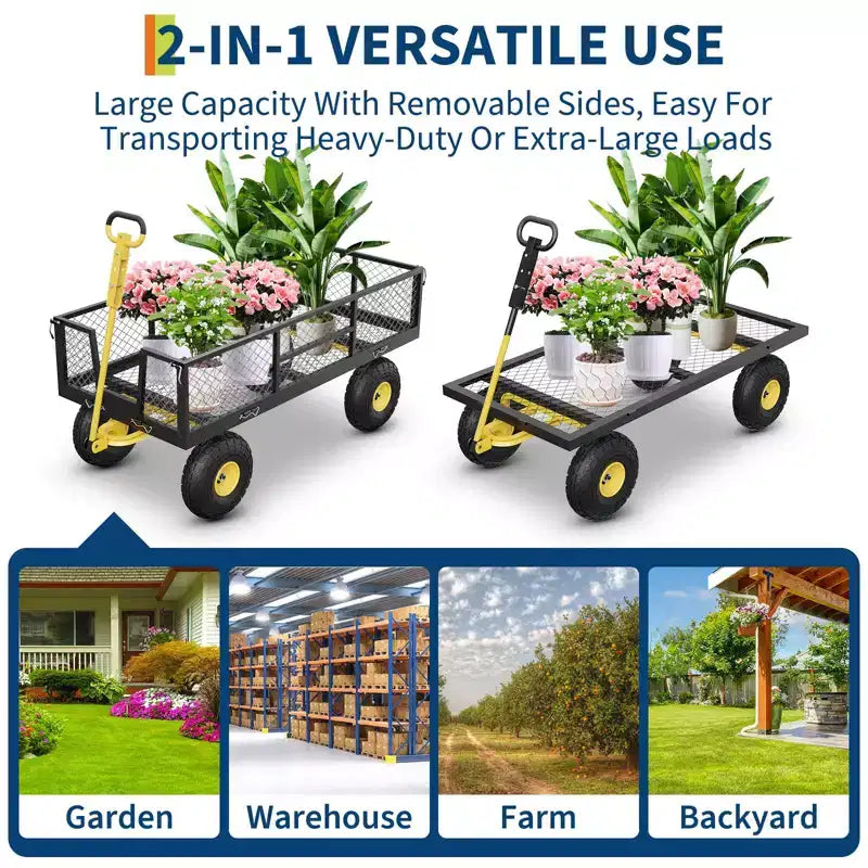 900LBS Heavy Duty Garden Cart - 10 Pneumatic Tires Utility Wagon with Removable Sides (1-Piece)