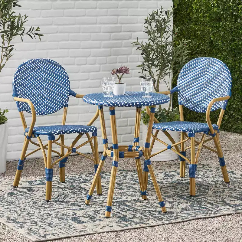 GDFStudio Catalina Modern 3 Piece Outdoor Aluminum French Bistro Set with Faux Rattan Design and Round Table