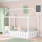 Luxystar Wooden House Bed Frame with Fence for Kids and Teens, White