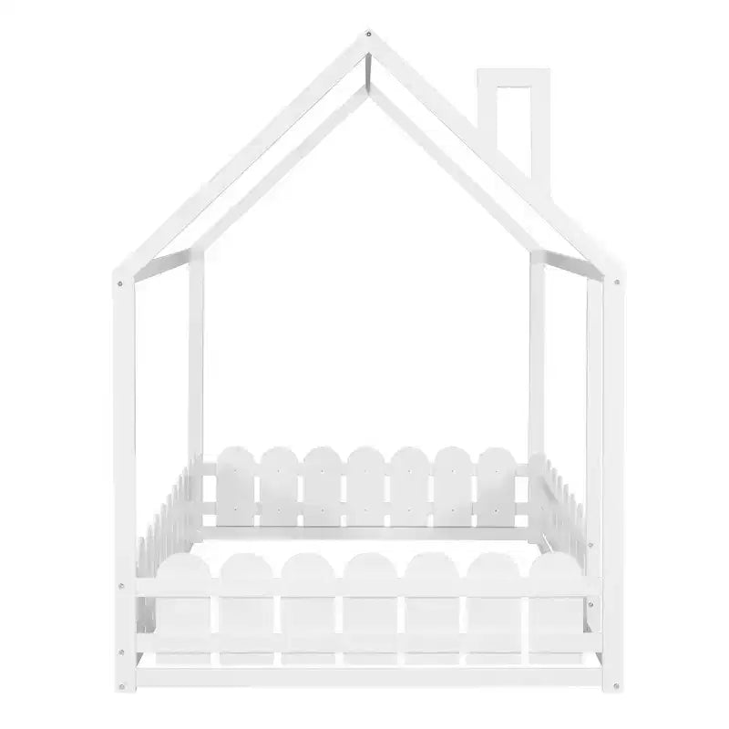 Luxystar Wooden House Bed Frame with Fence for Kids and Teens, White