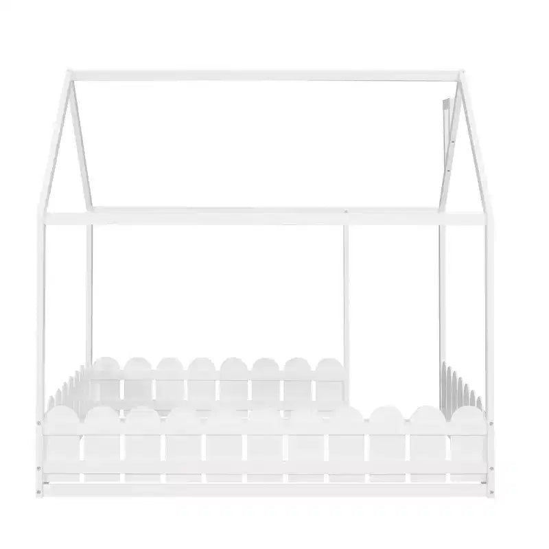 Luxystar Wooden House Bed Frame with Fence for Kids and Teens, White