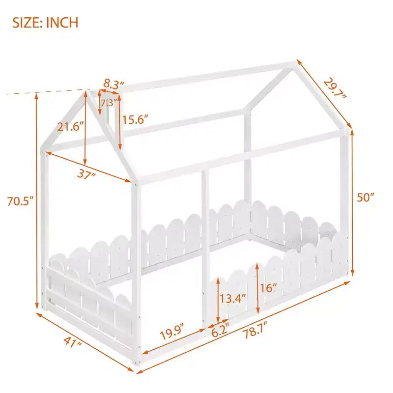 Luxystar Wooden House Bed Frame with Fence for Kids and Teens, White