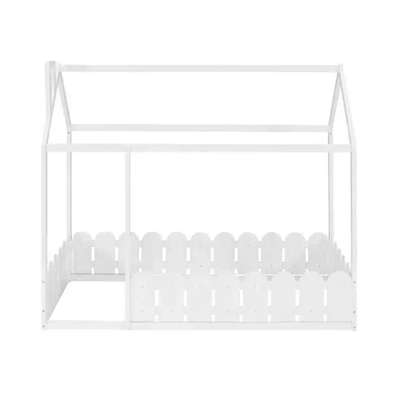 Luxystar Wooden House Bed Frame with Fence for Kids and Teens, White