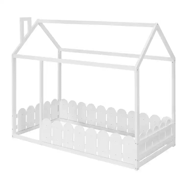 Luxystar Wooden House Bed Frame with Fence for Kids and Teens, White