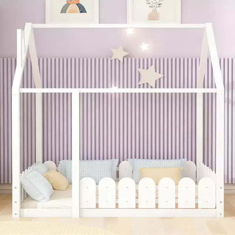 Luxystar Wooden House Bed Frame with Fence for Kids and Teens, White