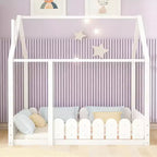 Luxystar Wooden House Bed Frame with Fence for Kids and Teens, White