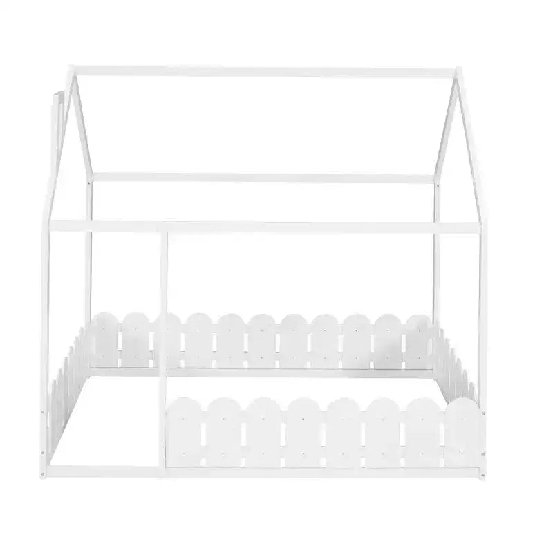 Luxystar Wooden House Bed Frame with Fence for Kids and Teens, White