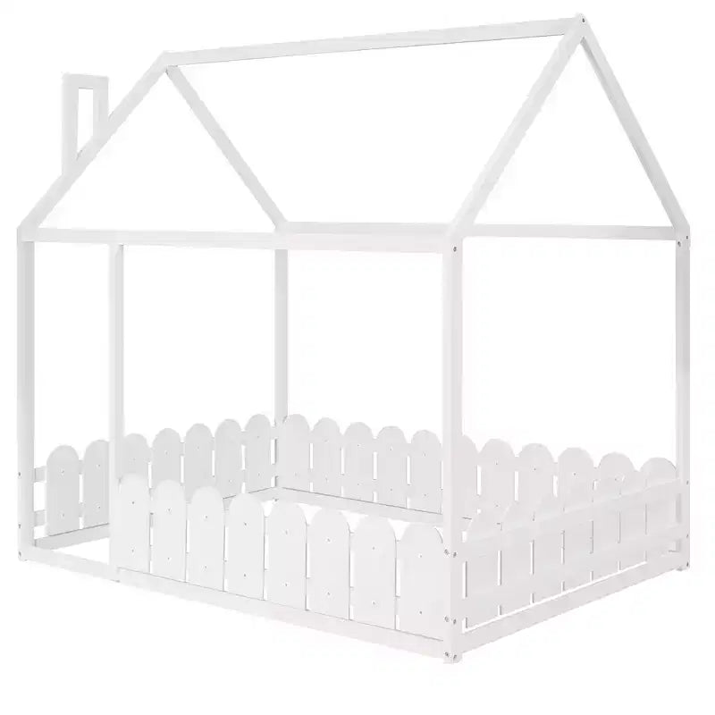 Luxystar Wooden House Bed Frame with Fence for Kids and Teens, White