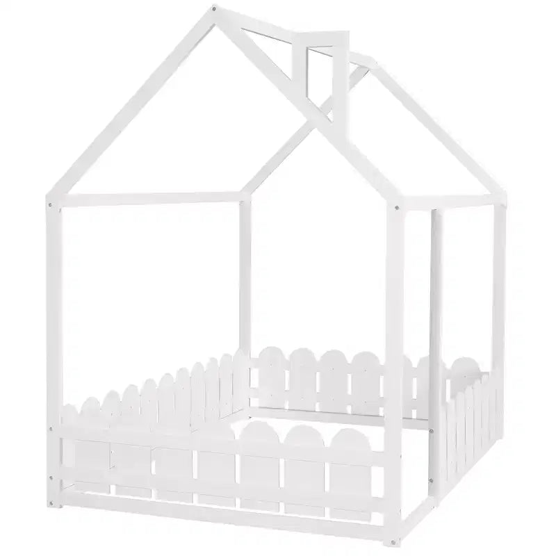 Luxystar Wooden House Bed Frame with Fence for Kids and Teens, White