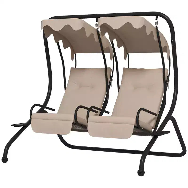 2-Person Patio Swing with Removable Canopy Cup Holders and Separate Seats Beige