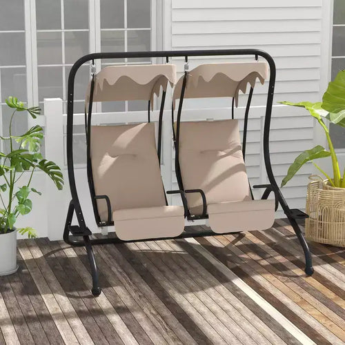 2-Person Patio Swing with Removable Canopy Cup Holders and Separate Seats Beige