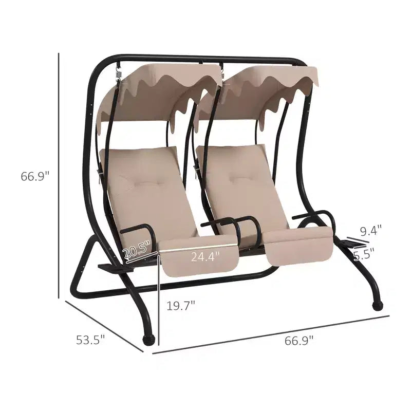 2-Person Patio Swing with Removable Canopy Cup Holders and Separate Seats Beige