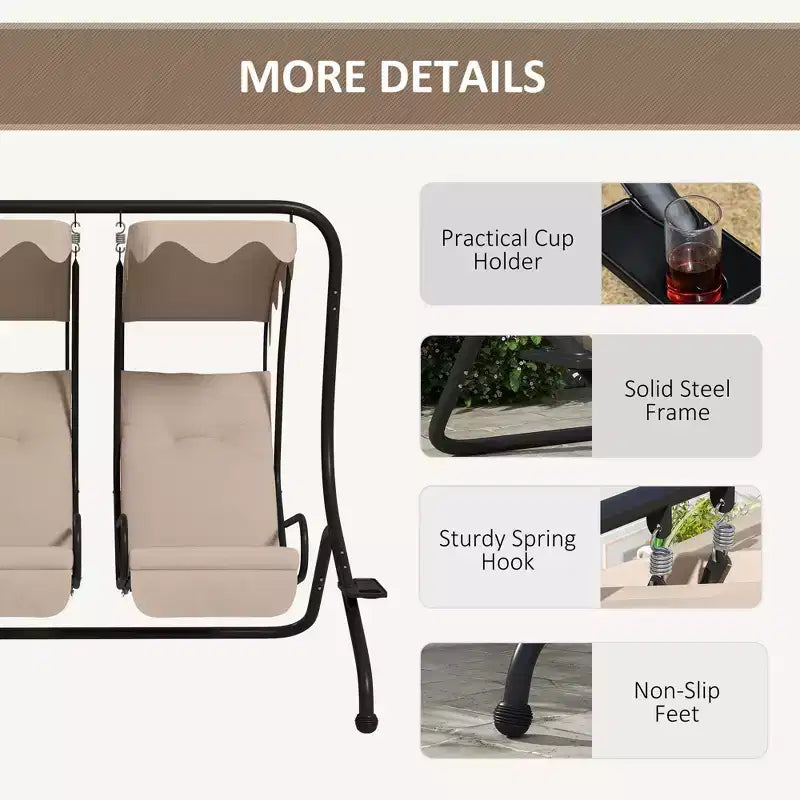 2-Person Patio Swing with Removable Canopy Cup Holders and Separate Seats Beige