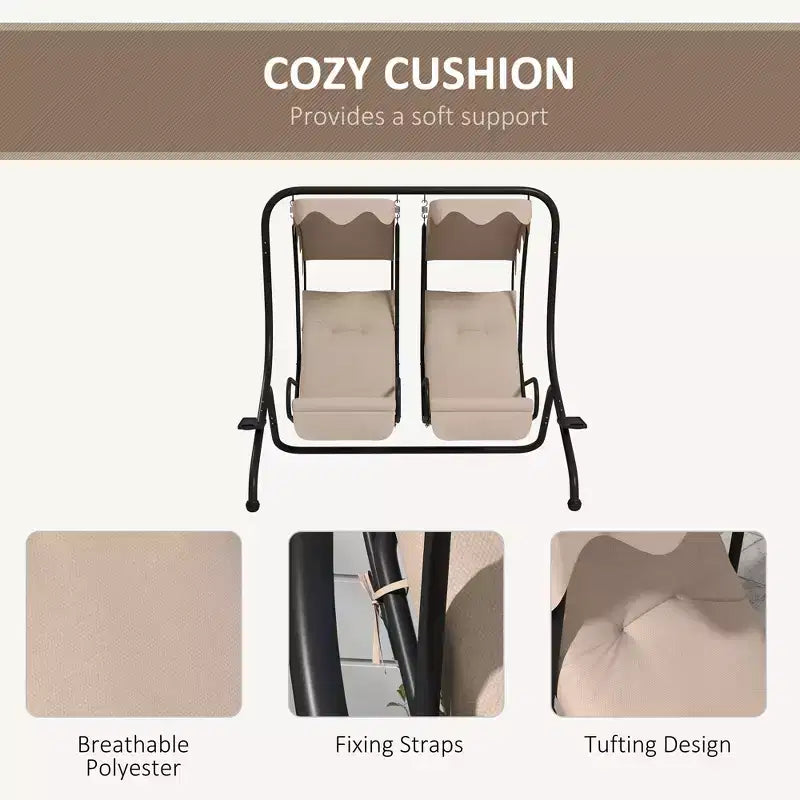 2-Person Patio Swing with Removable Canopy Cup Holders and Separate Seats Beige