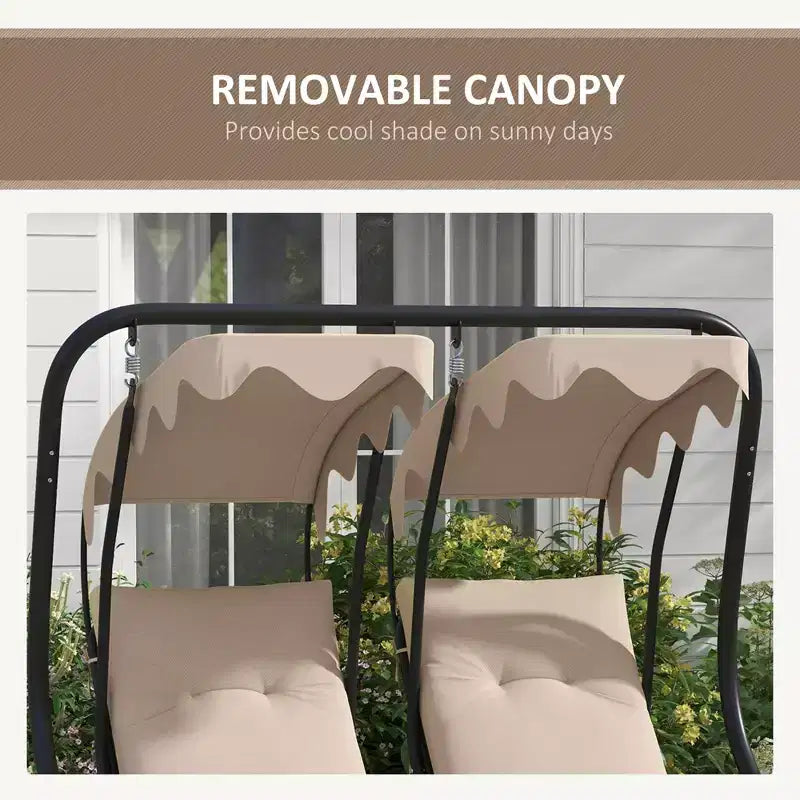 2-Person Patio Swing with Removable Canopy Cup Holders and Separate Seats Beige